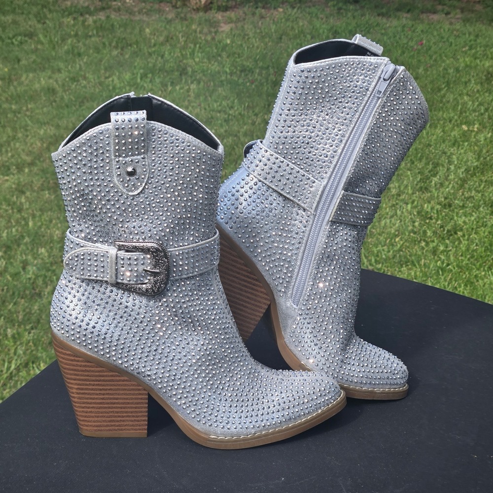 Mix No. 6 Brently Silver Rhinestone Western Boots Womens 8.5 Ankle Booties Y2k